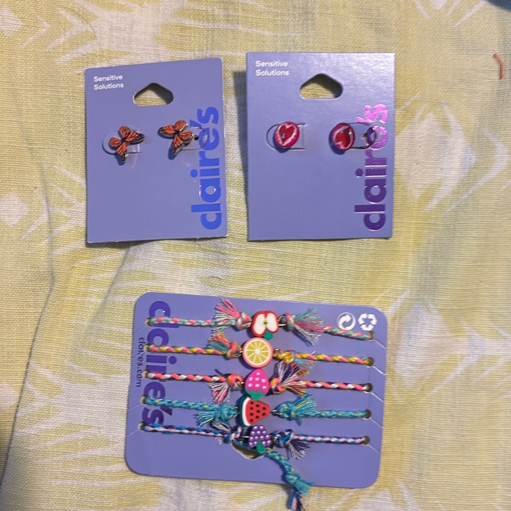 Claire’s sensitive solutions earrings and woven bracelets